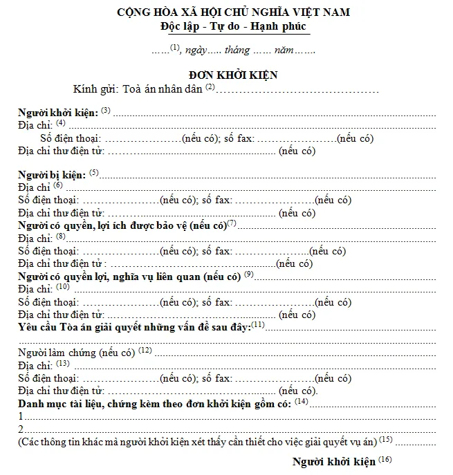 Mẫu đơn khởi kiện vụ án dân sự